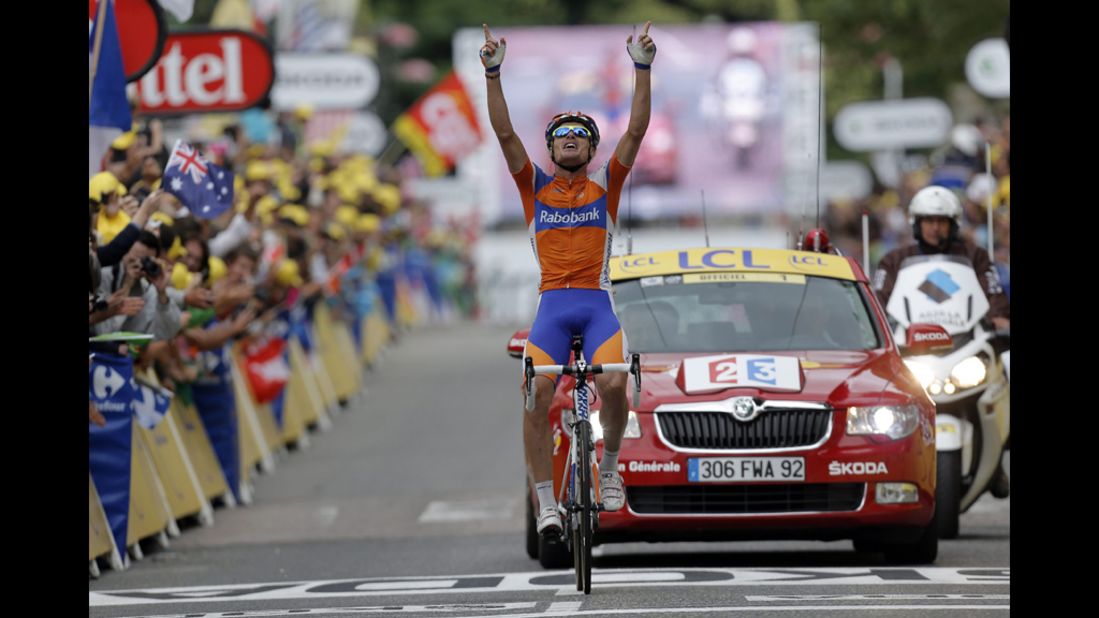 Luis-Leon Sanchez of Spain celebrates after winning the 14th stage of the Tour de France, which ran 191 kilometers (119 miles) from Limoux to Foix, France, on Sunday, July 15.