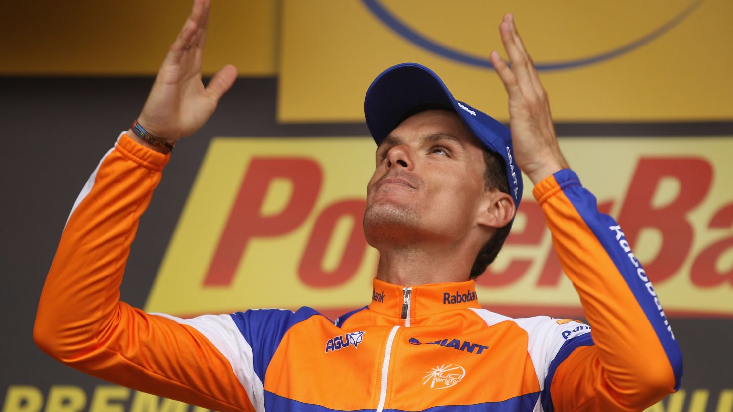 Luis Leon Sanchez celebrates victory for his Rabobank team on a day of drama in the 14th stage of the Tour de France