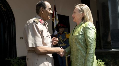 Field Marshal Mohamed Tantawi greets U.S. Secretary of State Hillary Clinton before a meeting in Cairo.