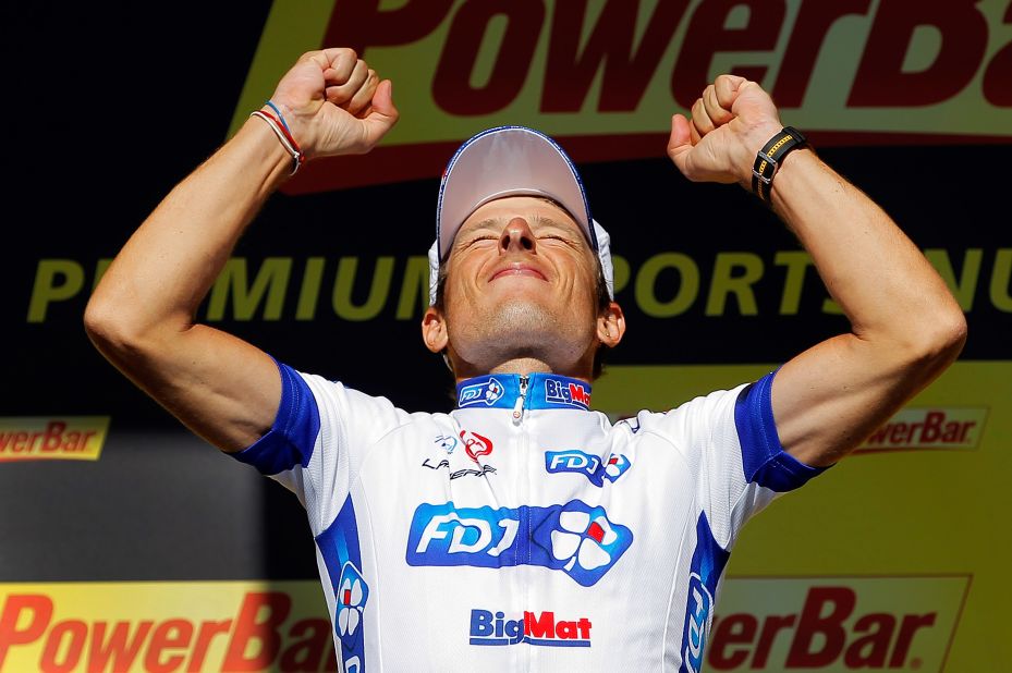 French rider Pierrick Fedrigo celebrates after winning Monday's stage in Pau.