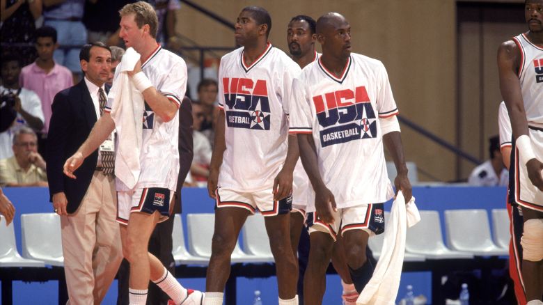Larry Bird, from left,  Magic Johnson, Michael Jordan and Karl Malone of the USA Olympic Basketball Team -- The Dream Team -- during a game in Barcelona in 1992.