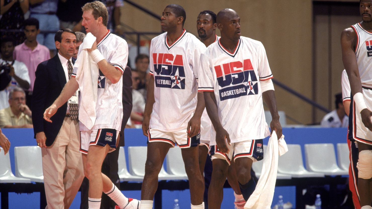 Larry Bird, from left, Magic Johnson and Michael Jordan of the USA  "Dream Team" walk on court at the 1992 Olympics.