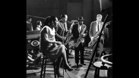 From left, Holiday, performs with musicians Lester Young, Coleman Hawkins and Gerry Mulligan on the CBS television program "The Seven Lively Arts" in New York in 1957.