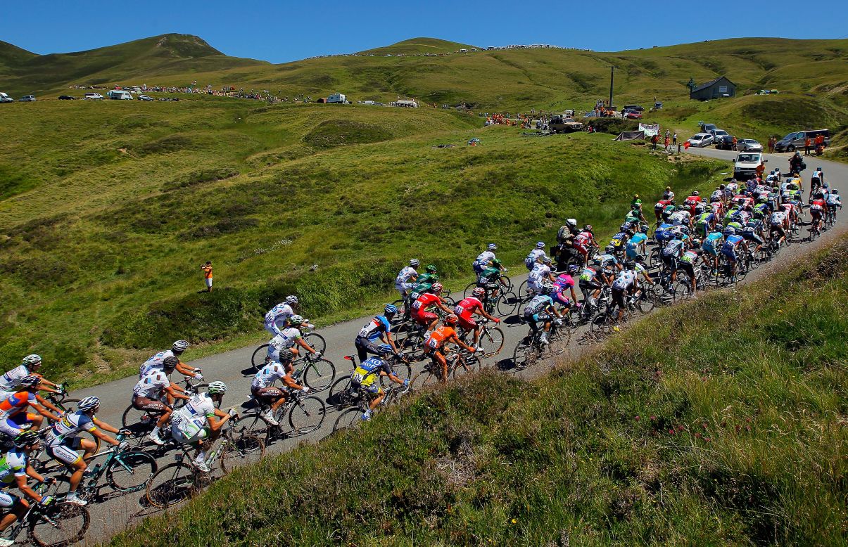 The peloton makes the climb of the Col d'Aubisque in the Pyrenees Mountains during Wednesday's stage.