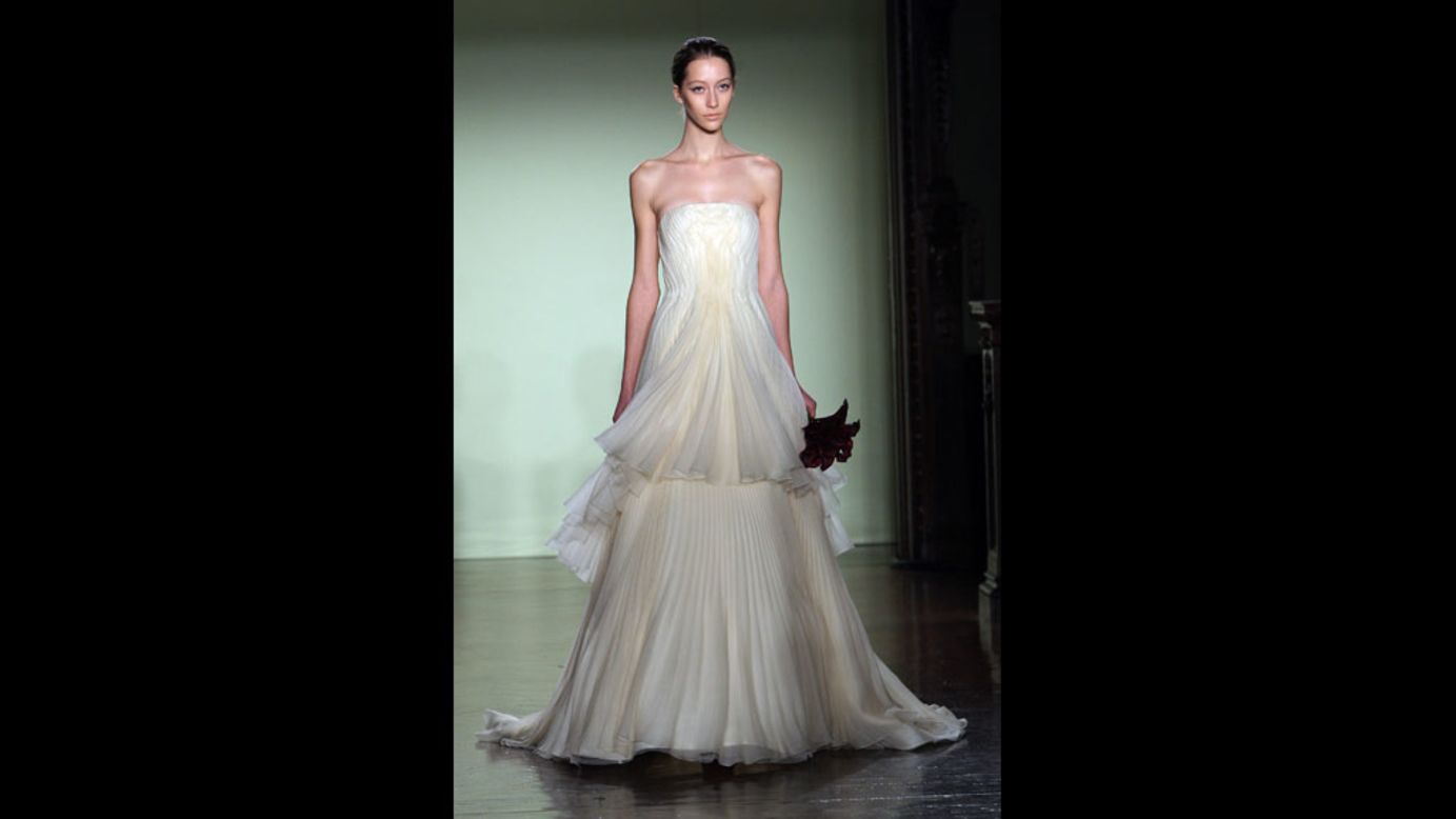 A model walks the runway in a strapless gown during the 2007 Vera Wang bridal collection show in New York City.