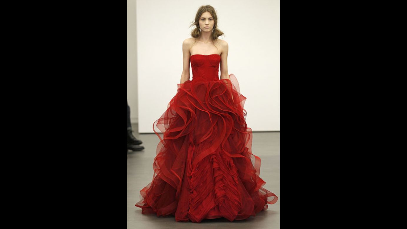 Vera Wang showed crimson gowns at her 2013 bridal show in April 2012 in New York City. Black dresses in her 2012 collection have raised concerns about her marital happiness at the time.