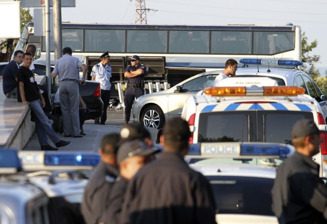 Police officers gather outside Bulgaria's Burgas Airport on the Black Sea coast.