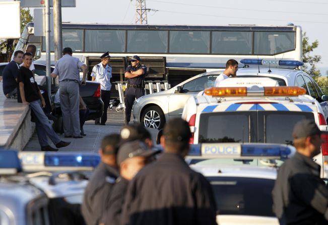 Police officers gather outside Bulgaria's Burgas Airport on the Black Sea coast.