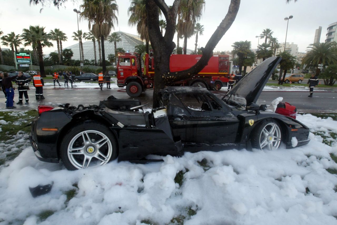 The Ferrari Enzo that Russian billionaire Suleiman Kerimov crashed in Nice, November 2006. The accident almost killed him and prompted an informal review of lending conditions at Barclays.