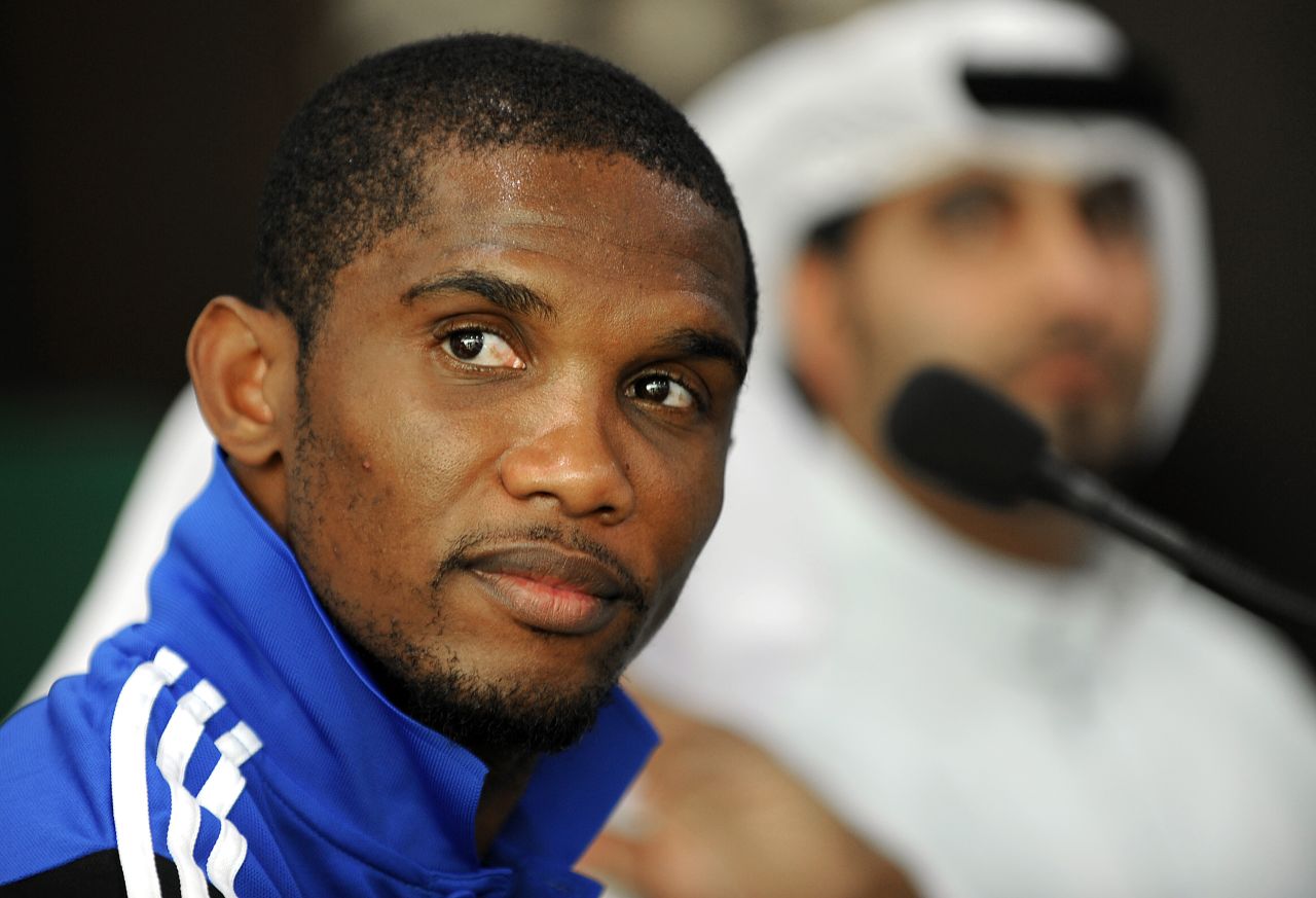 Samuel Eto'o holds a press conference in Dubai on January 12, 2012.  When Kerimov signed the footballer for a reported $30 million, he cemented his oligarch status. 