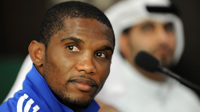  Anzhi Makhachkala's Cameroonian forward Samuel Eto'o holds a press coneference in Dubai on January 12, 2012.  