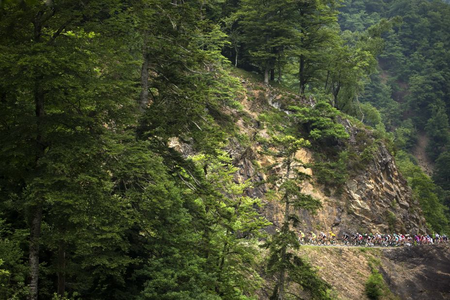 The peloton wind through the narrow mountains rodes of Thursday's race which included several several long difficult climbs on the way to the finish in Peyragudes.