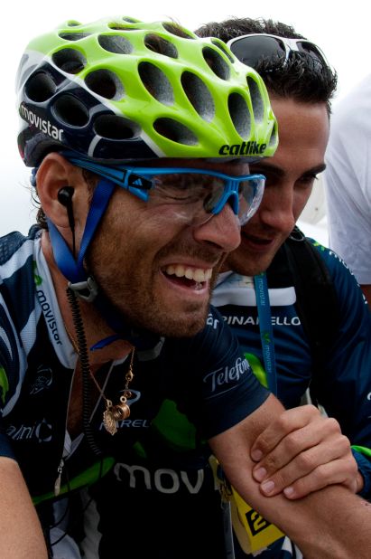 Stage winner Alejandro Valverde of Spain is overcome with emotion after crossing the finish line at the end of the race Thursday.