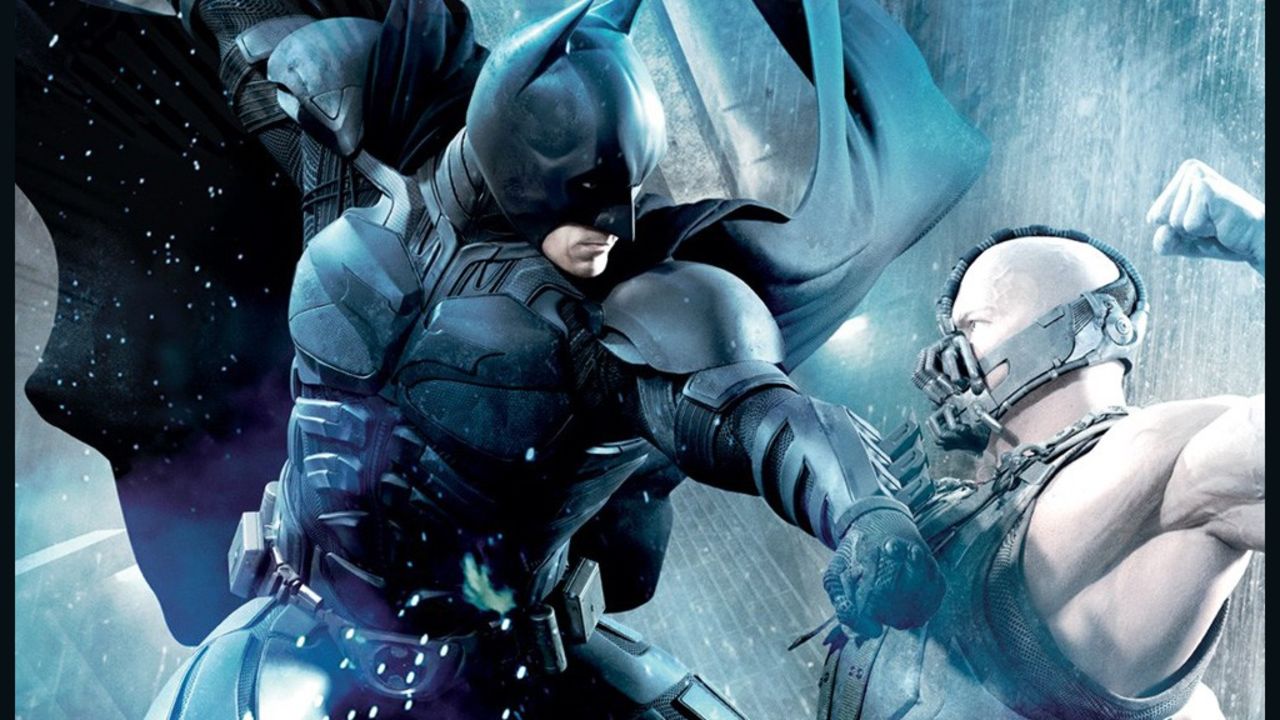 "The Dark Knight Rises" pits Christian Bale as Bruce Wayne/Batman against Tom Hardy as Bane.