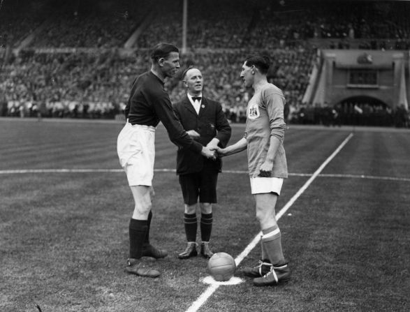 In 1927, for the first and only time in its history, the FA Cup was taken out of England when Cardiff City (captained by Freddie Keanor, right) beat Arsenal 1-0. The goal scored became known as '"the howler" but Arsenal goalkeeper Dan Lewis blamed the sheen of his recently-washed jersey for the ball slipping under his body and into the net.