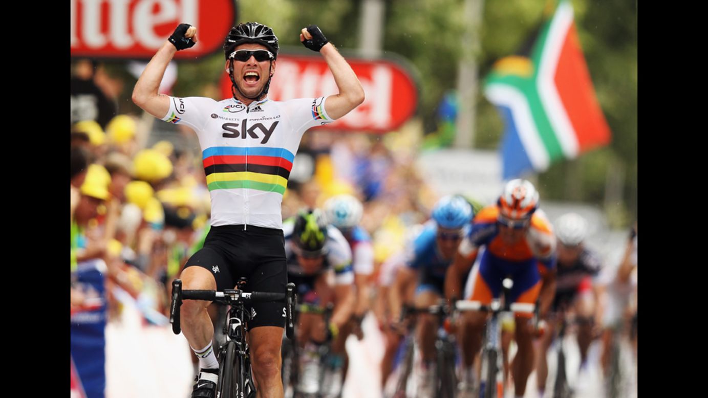 Mark Cavendish of Great Britain and SKY Procycling celebrates winning Stage 18 on Friday. 
