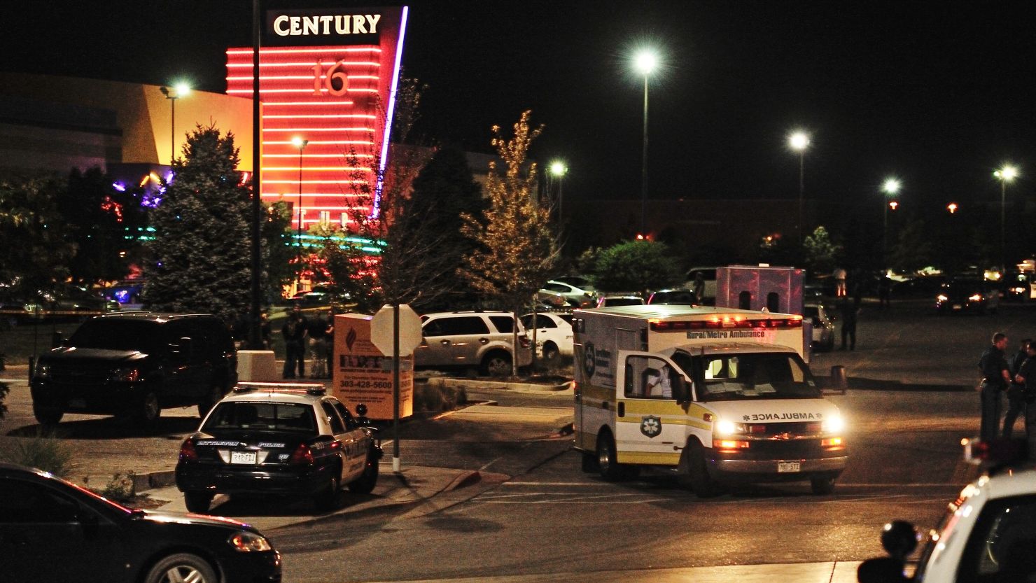 Emergency vehicles converged on the Century 16 Theater to treat victims.