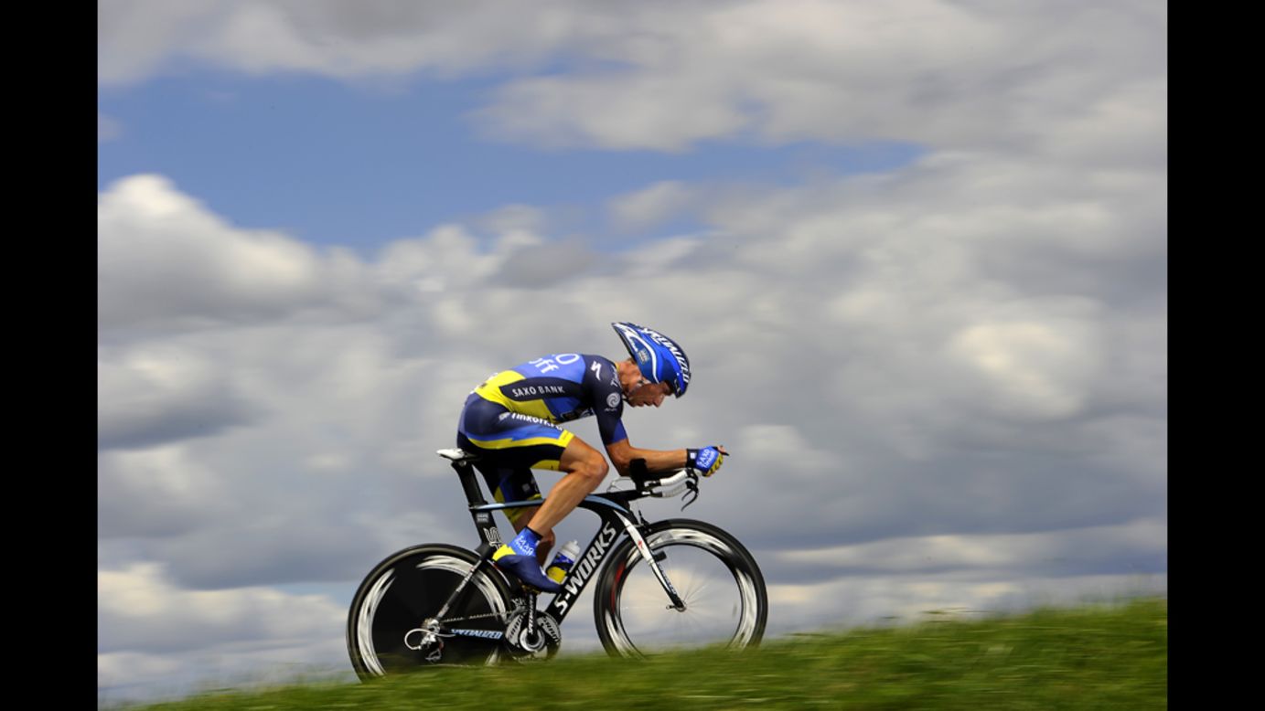 Denmark's Nicki Sorensen races up a hill during the 19th stage of the 2012 Tour de France on Saturday.
