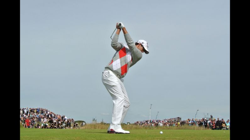 Adam Scott tees off on the fifth hole.