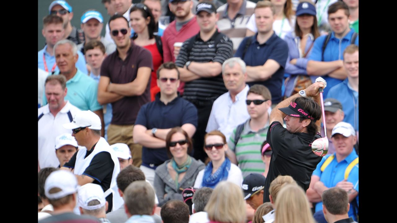 The crowd watches American golfer Bubba Watson, this year's Masters champion.