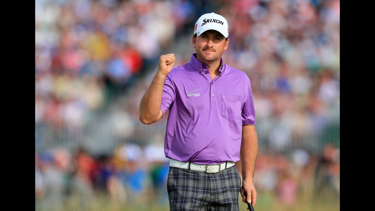 Graeme McDowell of Northern Ireland celebrates making a putt for birdie on Saturday. McDowell and Brandt Snedeker are tied for second, four shots behind leader Adam Scott.