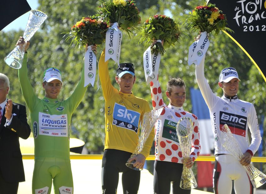 From left, best sprinter Peter Sagan of Slovakia, overall race winner Bradley Wiggins of Great Britain, best climber Thomas Voeckler of France and best young rider Tejay Van Garderen of the United States celebrate on the podium after finishing the final stage of the Tour de France in Paris on Sunday.