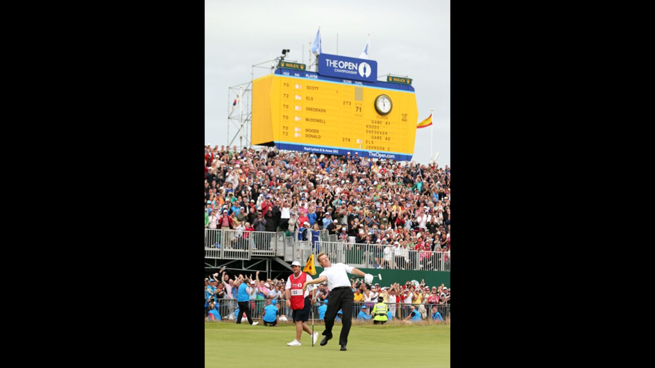 Ernie Els reacts to a birdie putt on the 18th green Sunday.