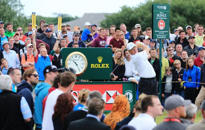 Ernie Els tees off on the 14th hole Sunday.