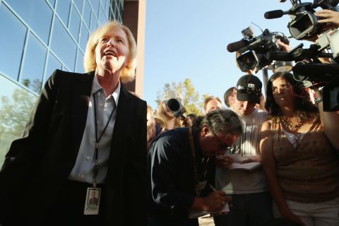 Arapahoe County District Attorney Carol Chambers talks to reporters July 23, 2012, before heading into the courthouse. The murder counts against Holmes carry a possible death penalty. 