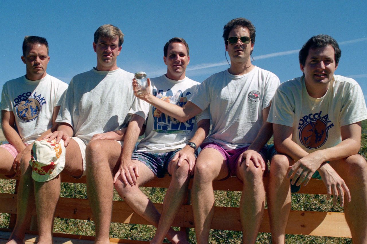 <strong>Copco Lake, 1997.</strong> From left to right: John Wardlaw, Mark Rumer-Cleary, Dallas Burney, John Molony and John Dickson in 1997. 