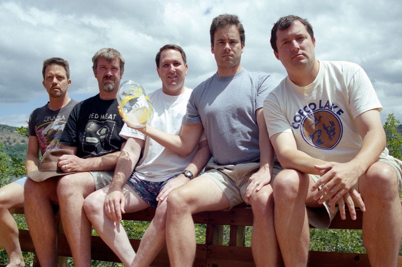 <strong>Copco Lake, 2002. </strong>From left to right: John Wardlaw, Mark Rumer-Cleary, Dallas Burney, John Molony and John Dickson in 2002. 