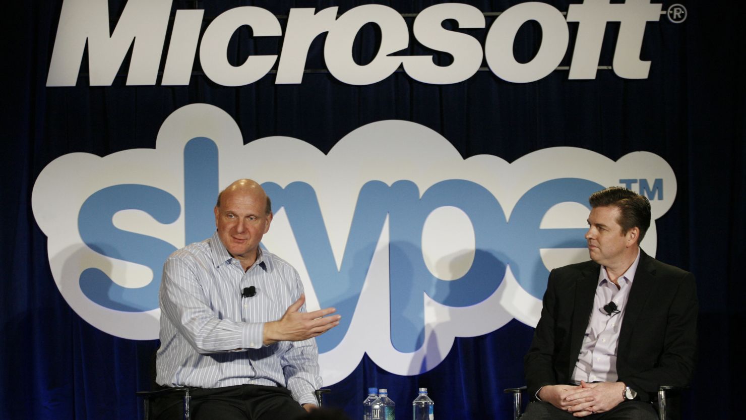 Microsoft CEO Steve Ballmer and Skype CEO Tony Bates at a press conference in 2011.