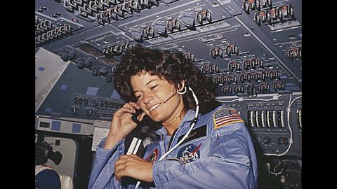 Ride is seen talking with ground control during her six-day space mission on board the Callenger in 1983.