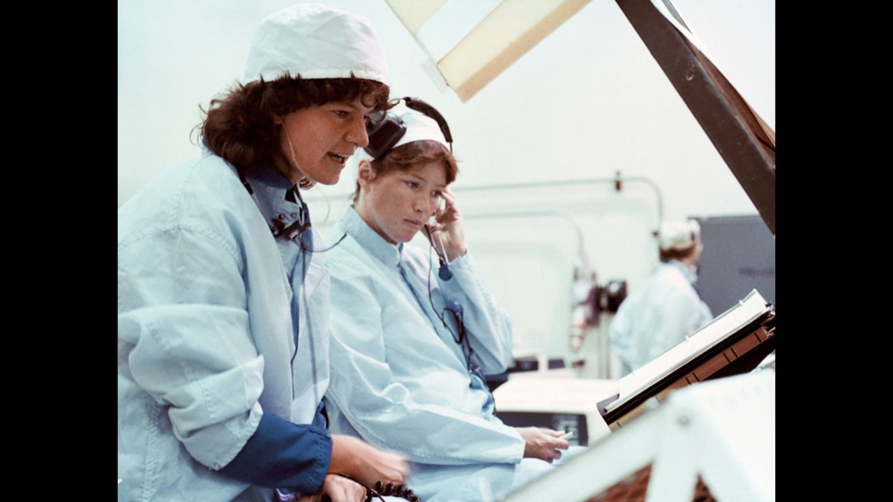 Ride, left, and Anna Lee Fisher work on a mission sequence test as part of their 1978 astronaut class at Kennedy Space Center in Florida. Ride, a Los Angeles native, earned four degrees at Stanford University, including a doctorate in physics, according to NASA.