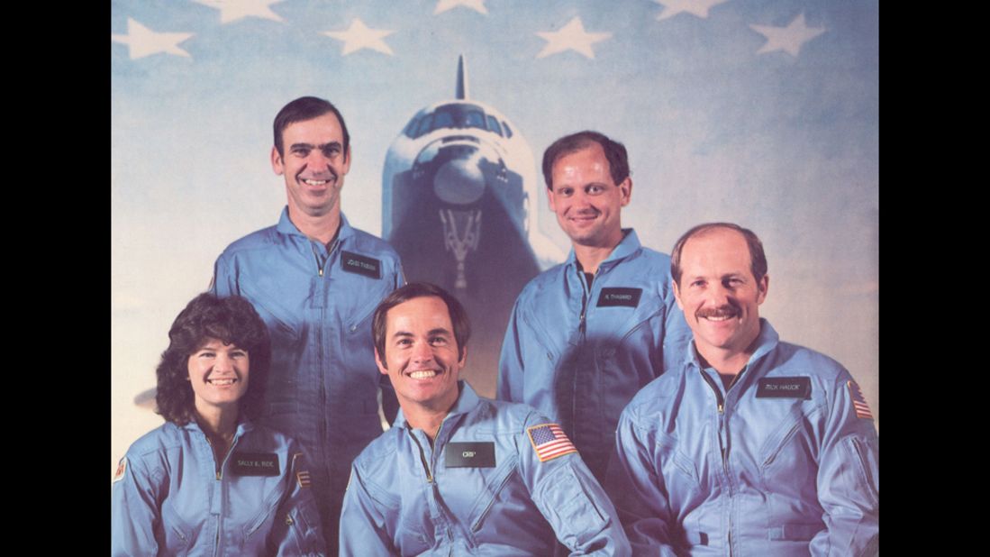 Ride and the rest of the STS-7 Challenger crew in January 1983. Next to Ride, from left, are John M. Fabian, Bob Crippen, Norman Thagard and Frederick Hauck.