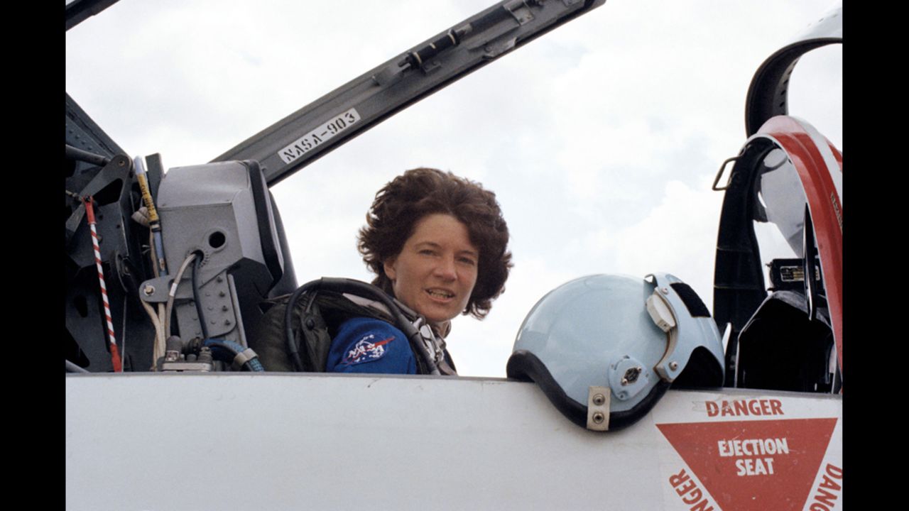 Ride prepares to take off in a T-38 jet as she leaves Houston, Texas for NASA's Keenedy Space center on June 15, 1983, three days before the shuttle launch.