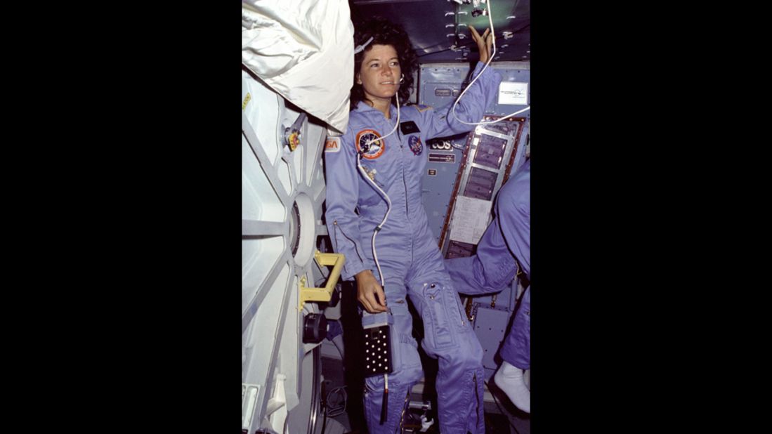 Ride floats alongside Challenger's mid-deck airlock hatch during the six-day mission in space.