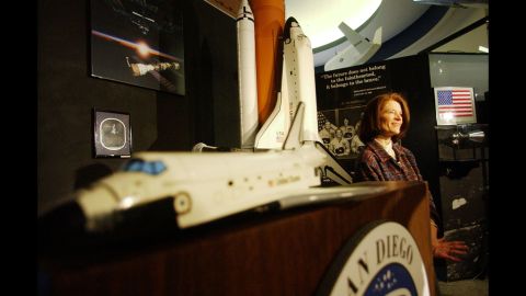 In February 2003, Ride speaks to the media at the San Diego Air & Space Museum.