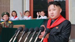 This photo released by North Korea's official Korean Central News Agency (KCNA) on June 7, 2012 shows North Korean leader Kim Jong-Un (C) making a speech during a joint national meeting to celebrate the 66th anniversary of the Korean Children's Union (KCU) organizations at Kim Il-Sung Stadium in Pyongyang on June 6, 2012. 