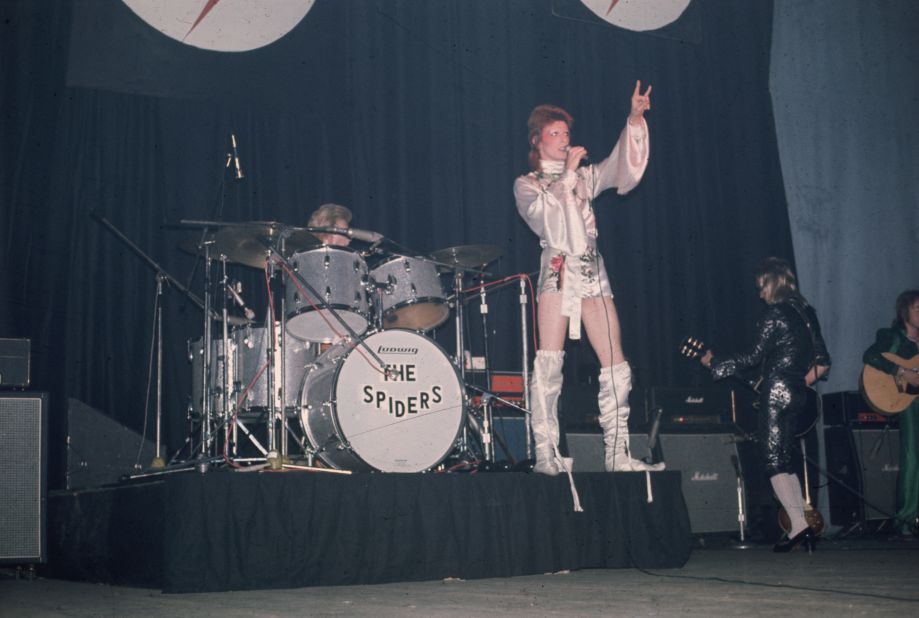 The dependably theatrical David Bowie performs as Ziggy Stardust with the Spiders from Mars.