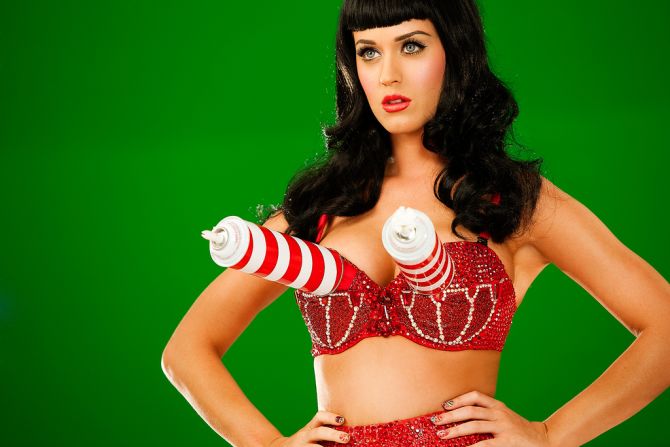 In addition to catchy songs, Katy Perry uses brightly colored costumes -- one of which spouts whipped cream from her bra -- to catch her audience's attention.