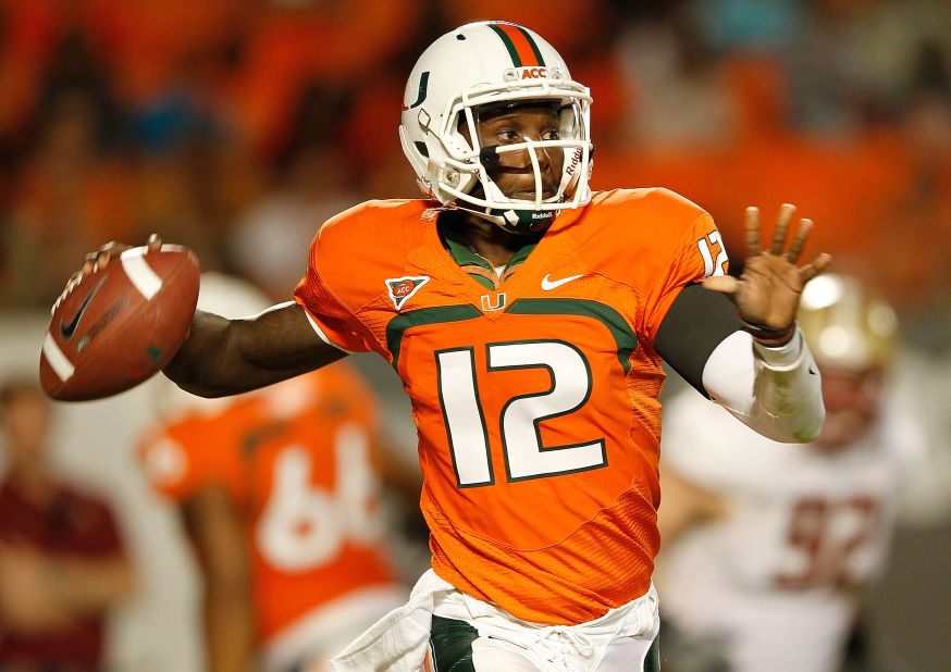 University of Miami quarterback Jacory Harris throws a pass during a 2011game. Harris was one of 13 Hurricanes initially ruled ineligible after the NCAA began investigating allegations by Nevin Shapiro, an imprisoned former booster, that he for eight years provided 72 athletes with benefits that violated NCAA rules. Shapiro is incarcerated for running a $930 million Ponzi scheme. After Miami petitioned for the players' reinstatements, one player was vindicated, while the other 12, including Harris, were reinstated after serving suspensions and/or paying restitution. The investigation into the Shapiro scandal is ongoing.