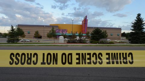 Crime scene tape surrounds the Century 16 movie theater where 12 people were killed in Aurora, Colorado.