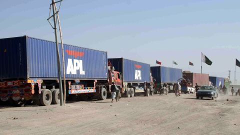 NATO supply trucks drive toward the border terminal in Chaman on July 17, 2012. 