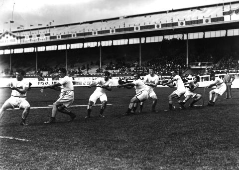Tug-of-war was one of the events at the 1908 London Olympics. Here, members of the U.S. team test their strength at the stadium in White City. 