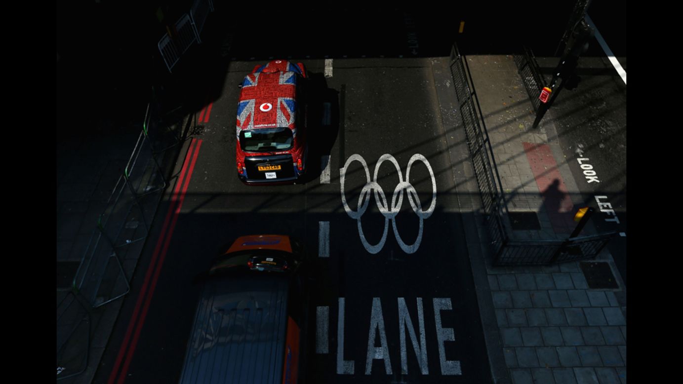 An Olympic lane at the Embankment in London. 