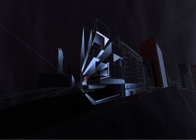 Zaha Hadid's painting of the Lois & Richard Rosenthal Center for Contemporary Art in Cincinnati, Ohio. Hadid was inspired by the Russian avant-garde and Suprematism, creating abstract works that, like the second Death Star, broke down at their extremities.
