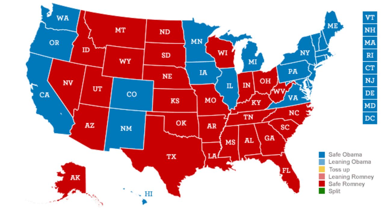 <strong>Romney takes Wisconsin from Obama's column: </strong>Obama wins Virginia, Iowa, Colorado, and New Hampshire; Romney takes blue-leaning Wisconsin and battlegrounds of Ohio, Florida, and Nevada.