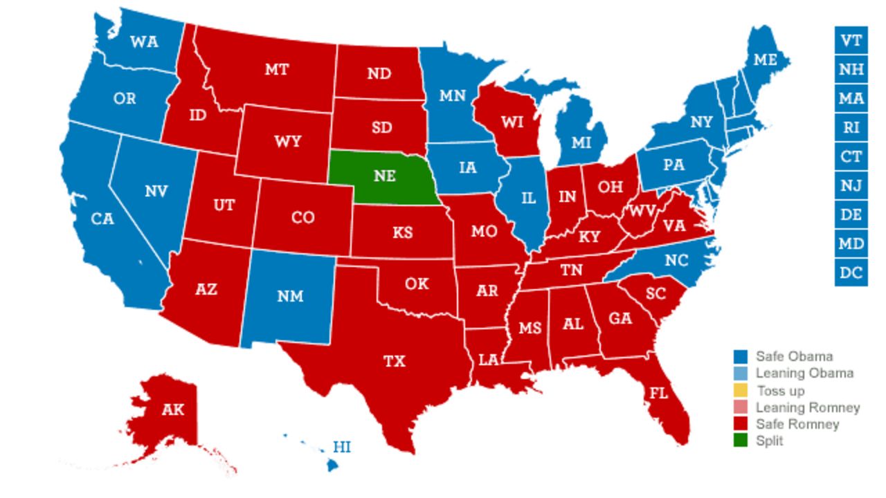 <strong>The North-Carolina-Wisconsin path: </strong>Obama wins red-leaning North Carolina, a single electoral vote from Nebraska's 2nd Congressional District, and battlegrounds of Iowa, Nevada, and New Hampshire; Romney takes Wisconsin from Democrats and battlegrounds of Colorado, Virginia, Ohio, and Florida.