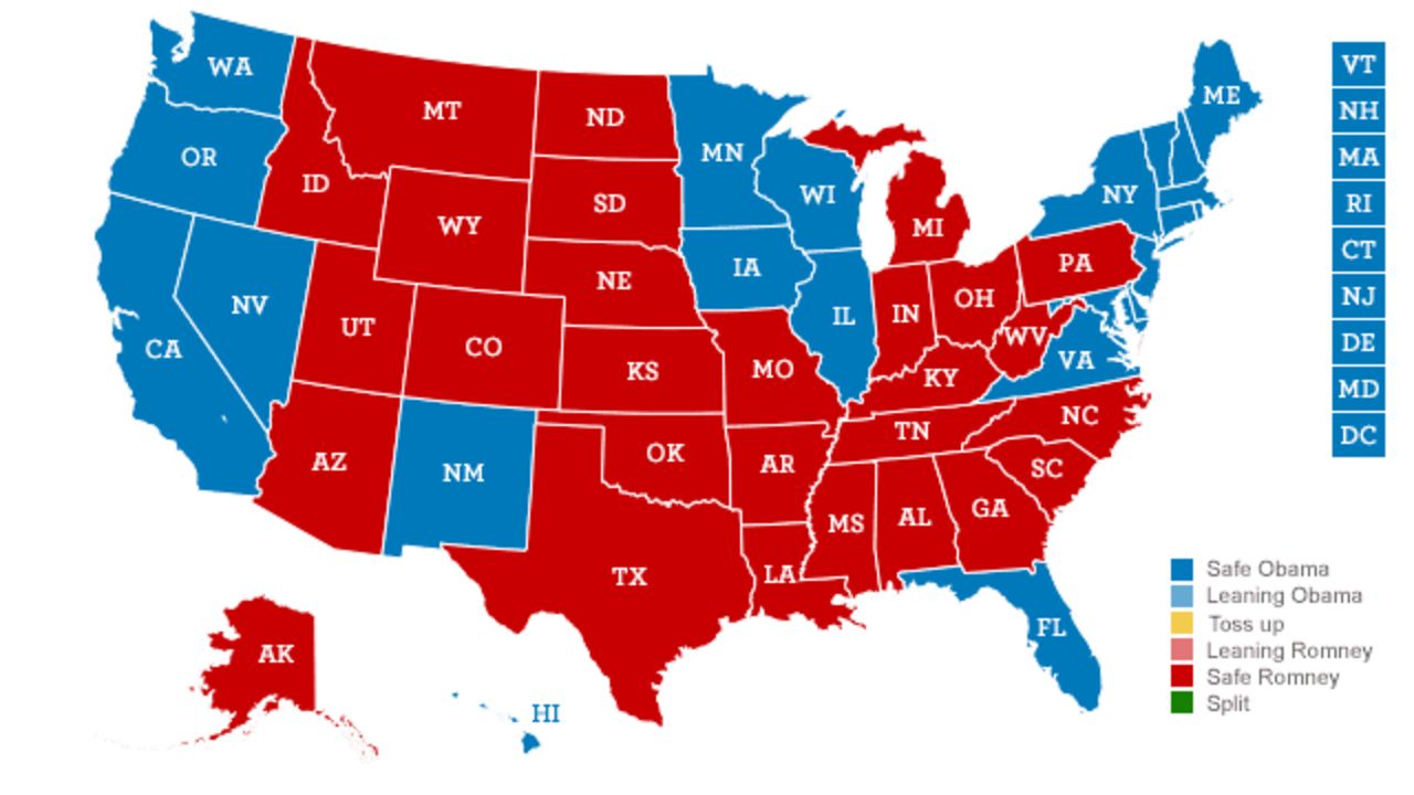 <strong>Romney takes Pennsylvania: </strong>Obama wins Florida, Colorado, and New Hampshire: Romney takes blue-leaning Pennsylvania and battlegrounds of Ohio, Iowa, Virginia,  and Nevada.